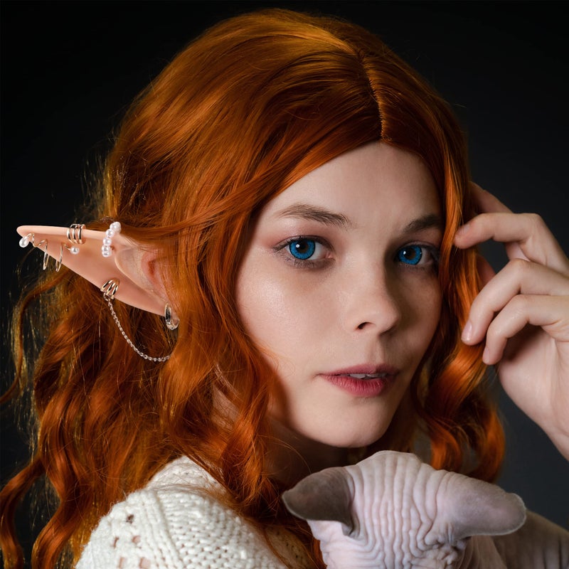 FRESHME Elf Ears with Piercings Earring Cuffs Set - Cosplay Fairy Pixie Ears with Pearl Earrings Chain Set  Non-Piercing Cartilage Ear Clip for Christmas Renaissance Halloween Custome Photoshoot - Image 2